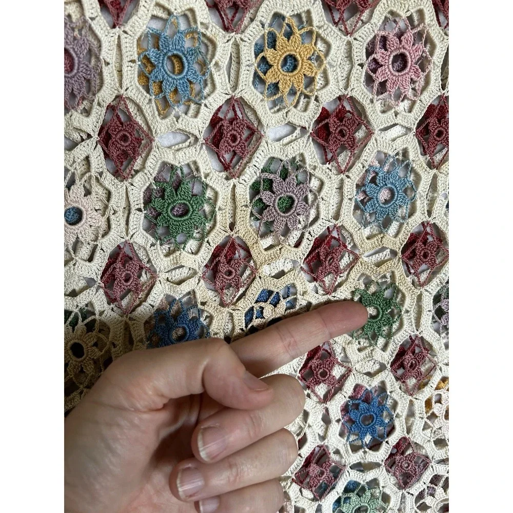 VTG Hand Crocheted Floral Heirloom Tablecloth Colorful & Ecru 60x60